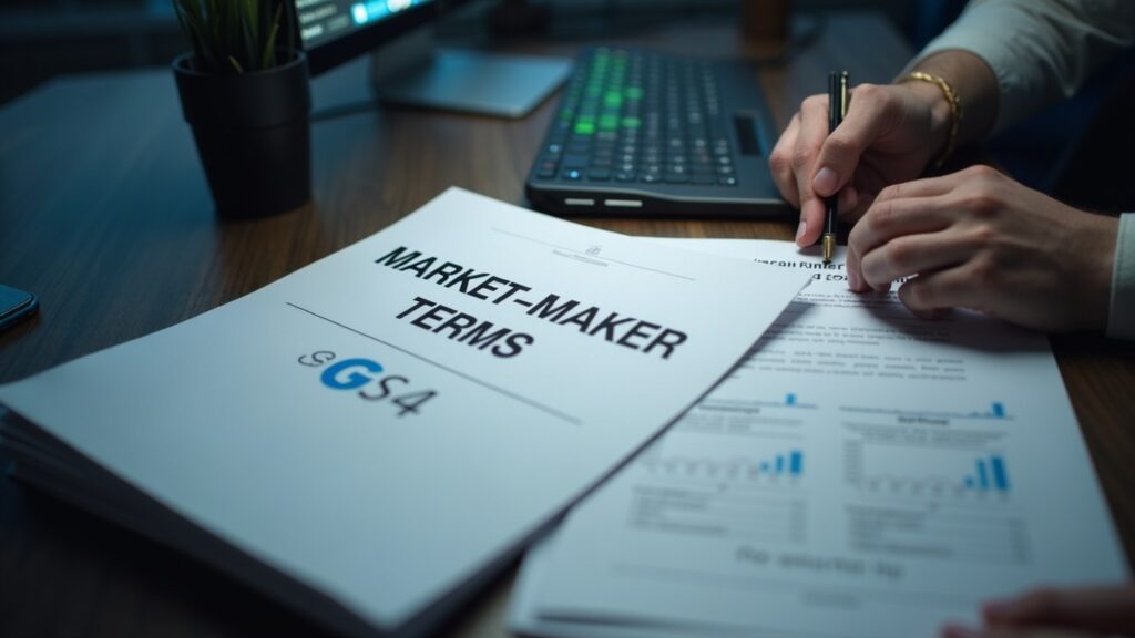 Newsroom desk with market-maker terms report and a crypto protocol document, highlighting transparency gaps.
