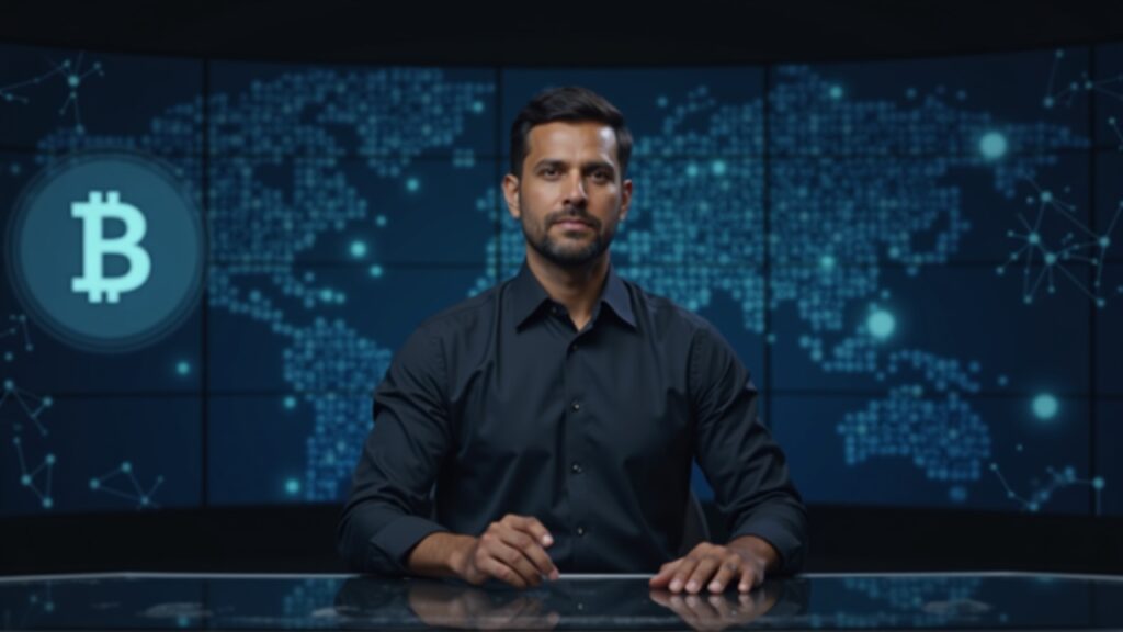 Editorial portrait of a financial journalist at a newsroom desk with Bitcoin on screen and subtle quantum circuit motif.