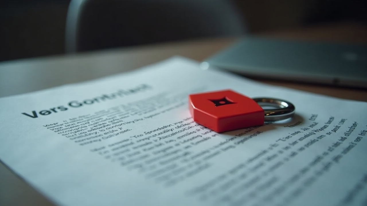 Editorial image: crypto token contract on desk, red backdoor lock over code, legal document, newsroom in background