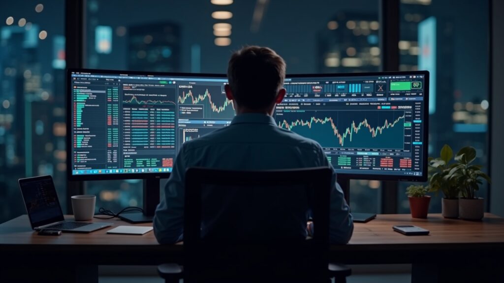 Centered trader at a clean desk with dual monitors showing tokenized commodities and TradFi perpetuals, arbitrage cues.