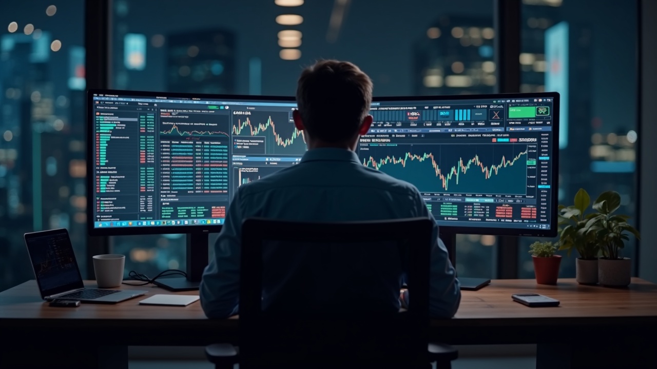 Centered trader at a clean desk with dual monitors showing tokenized commodities and TradFi perpetuals, arbitrage cues.