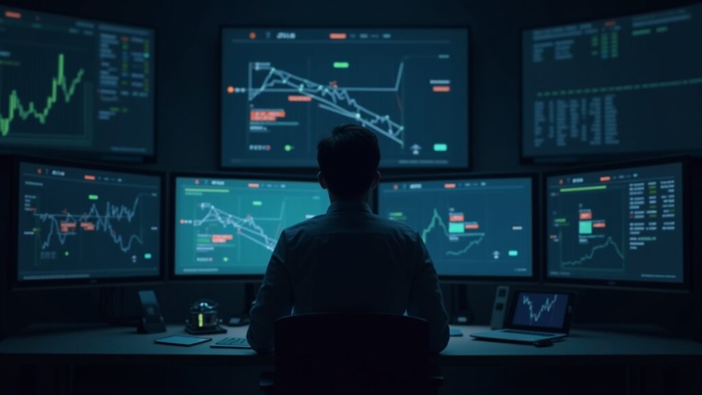 Stern analyst at a desk with screens showing a cross-chain bridge diagram and rsETH tokens, alert for a $293M DeFi exploit.