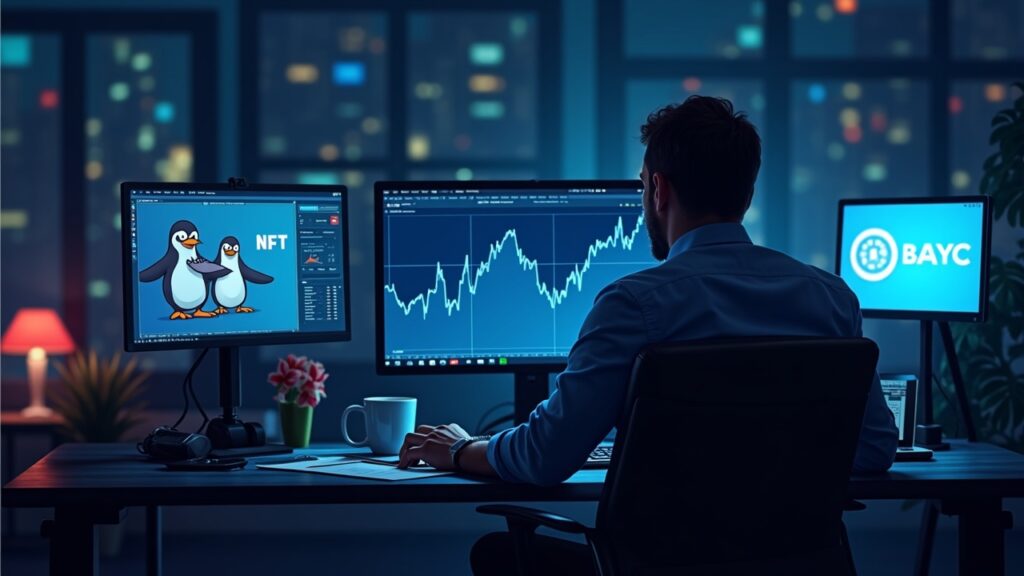 Newsroom portrait: analyst at desk with a downward NFT volumes chart and Pudgy Penguins and BAYC logos.