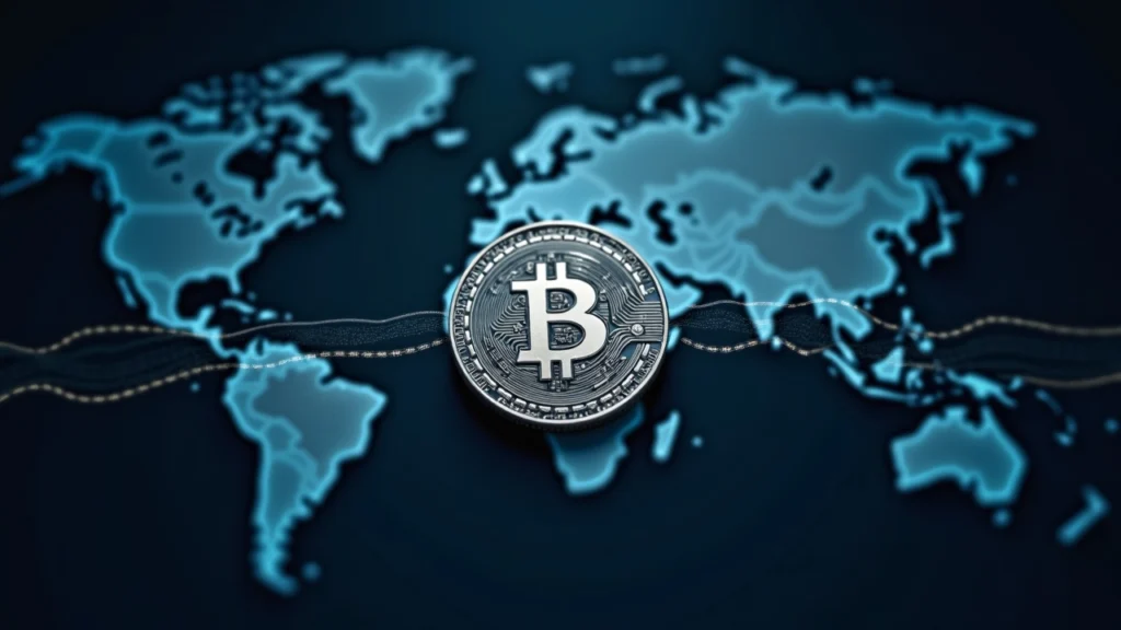 Centered digital stablecoin with a stylized blockchain rail across a world map, signaling on-chain payments.