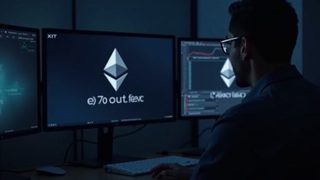 Newsroom desk with analyst viewing monitor showing Ethereum logo, 70k ETH stake, and exit queue.