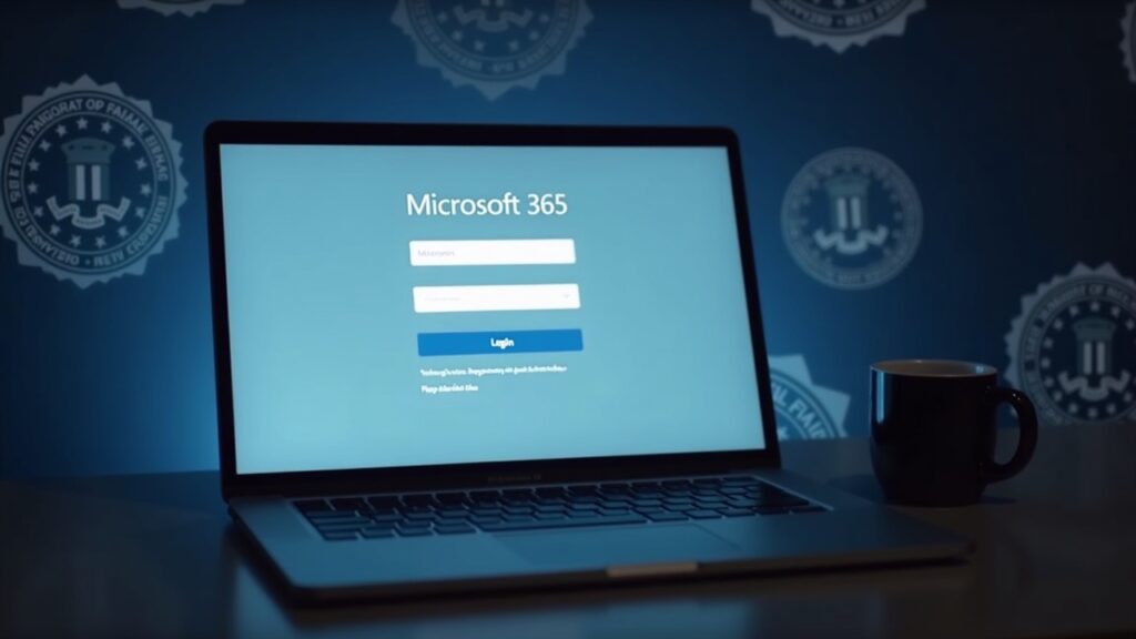 Editorial laptop screen showing a Microsoft 365 login, with FBI and Indonesian police branding in the background.