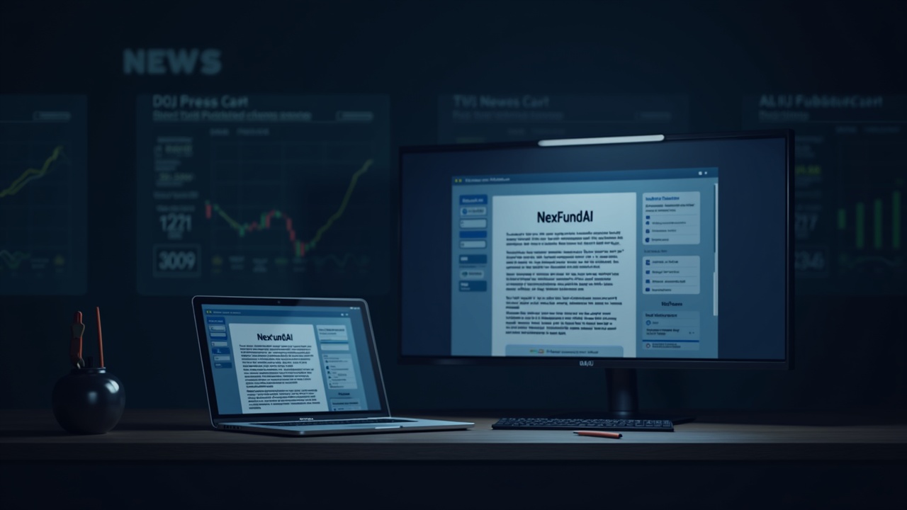 Newsroom desk with NexFundAI on a laptop, a DOJ press release on a monitor, and muted cryptocurrency charts.