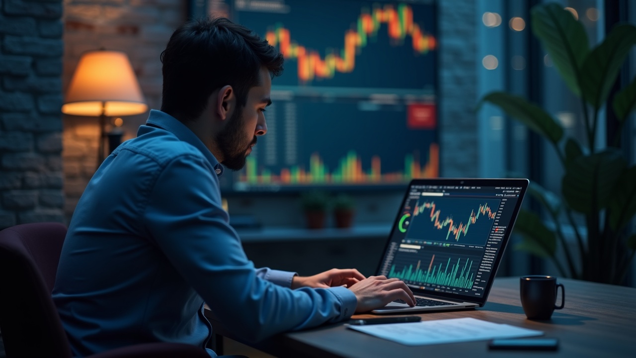 Editorial portrait of a journalist at a desk, laptop displaying a paused NFT marketplace and a ledger.