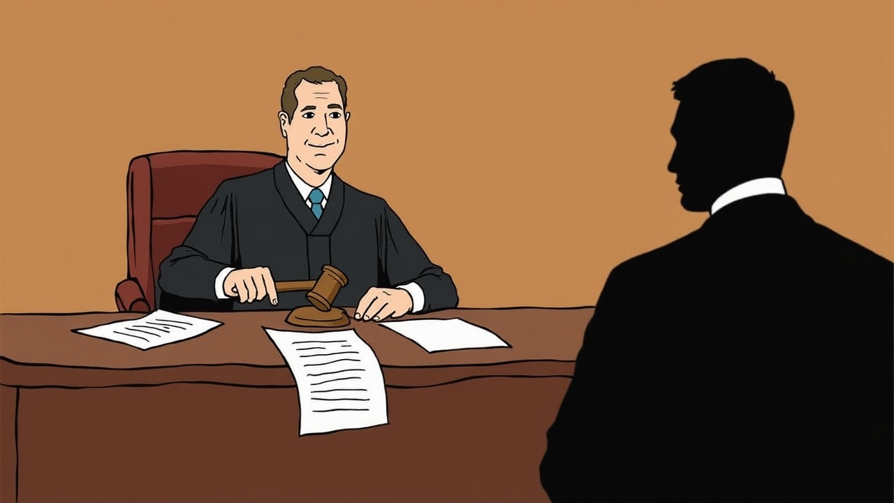 Courtroom scene: judge at bench with documents and a gavel, somber defendant silhouette in the FTX case.