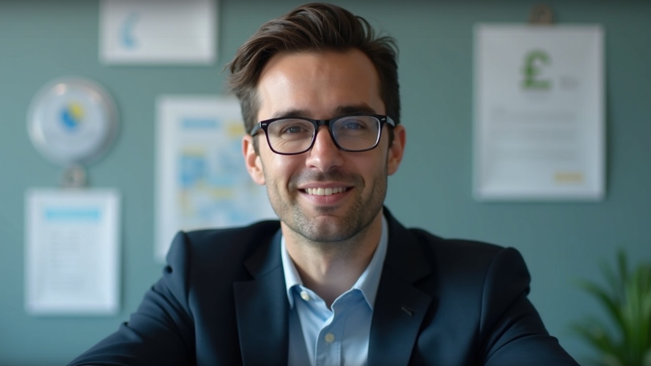 Professional center-shot portrait of a suited man with documents on one side and a subtle crypto symbol on the other.