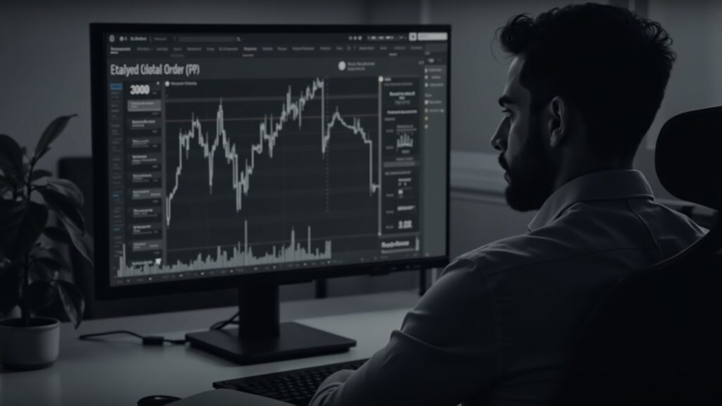 Analyst reviews Ethereum staking ETF data on screen, highlighting delayed delivery orders in a grayscale newsroom setting