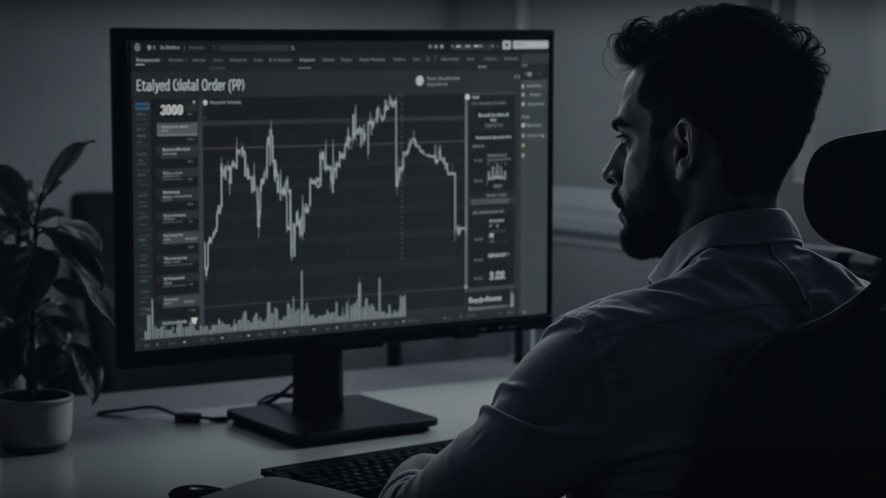 Analyst reviews Ethereum staking ETF data on screen, highlighting delayed delivery orders in a grayscale newsroom setting