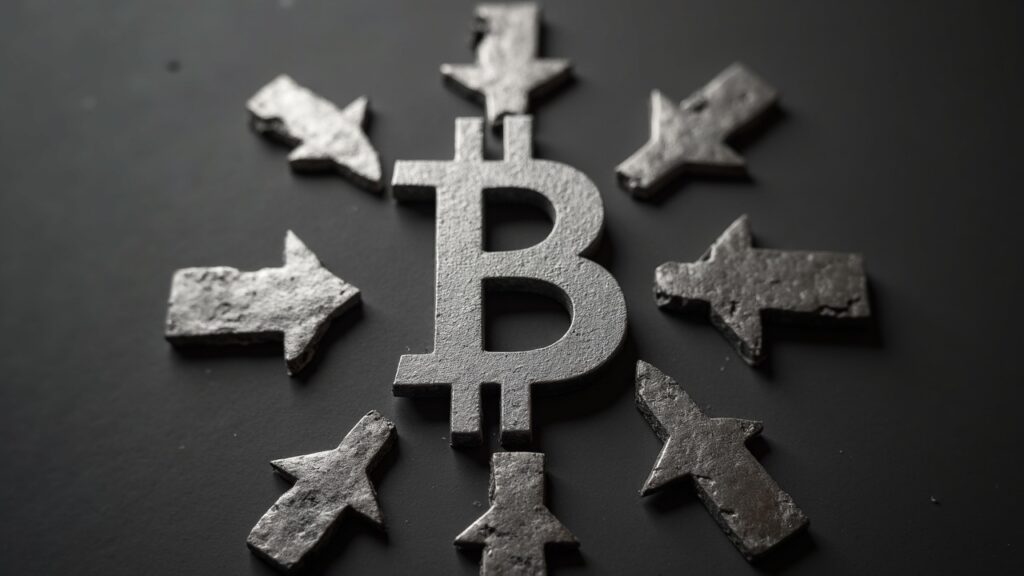 Editorial-style grayscale bitcoin symbol with three arrows illustrating burn, rate-limited spending, and do-nothing option.