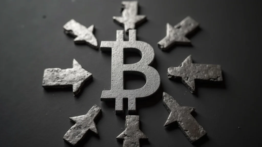 Editorial-style grayscale bitcoin symbol with three arrows illustrating burn, rate-limited spending, and do-nothing option.