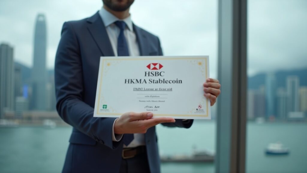 Shot of a banker presenting an HKMA stablecoin license with HSBC and Anchorpoint branding over Hong Kong skyline.