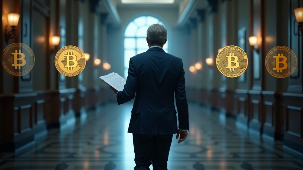 Editorial photo: suited figure in a courthouse corridor with documents and crypto logos, signaling cross-border extradition.