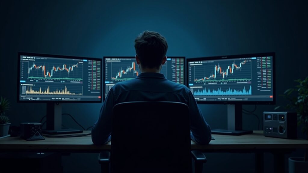 Trader at a desk with monitors displaying a prediction-market interface, crypto tokens and charts.