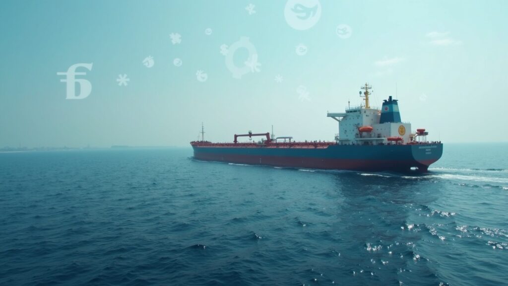 Tanker at sea near Strait of Hormuz with subtle cryptocurrency symbols, conveying official denial and maritime risk