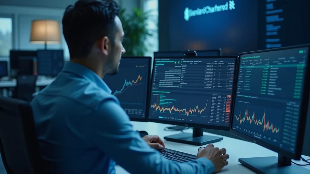 Corporate trader reviewing monitor displaying BUIDL collateral with OKX and BlackRock branding, Standard Chartered custody.