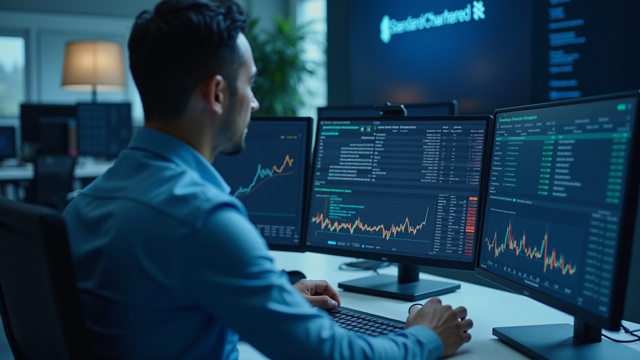 Corporate trader reviewing monitor displaying BUIDL collateral with OKX and BlackRock branding, Standard Chartered custody.