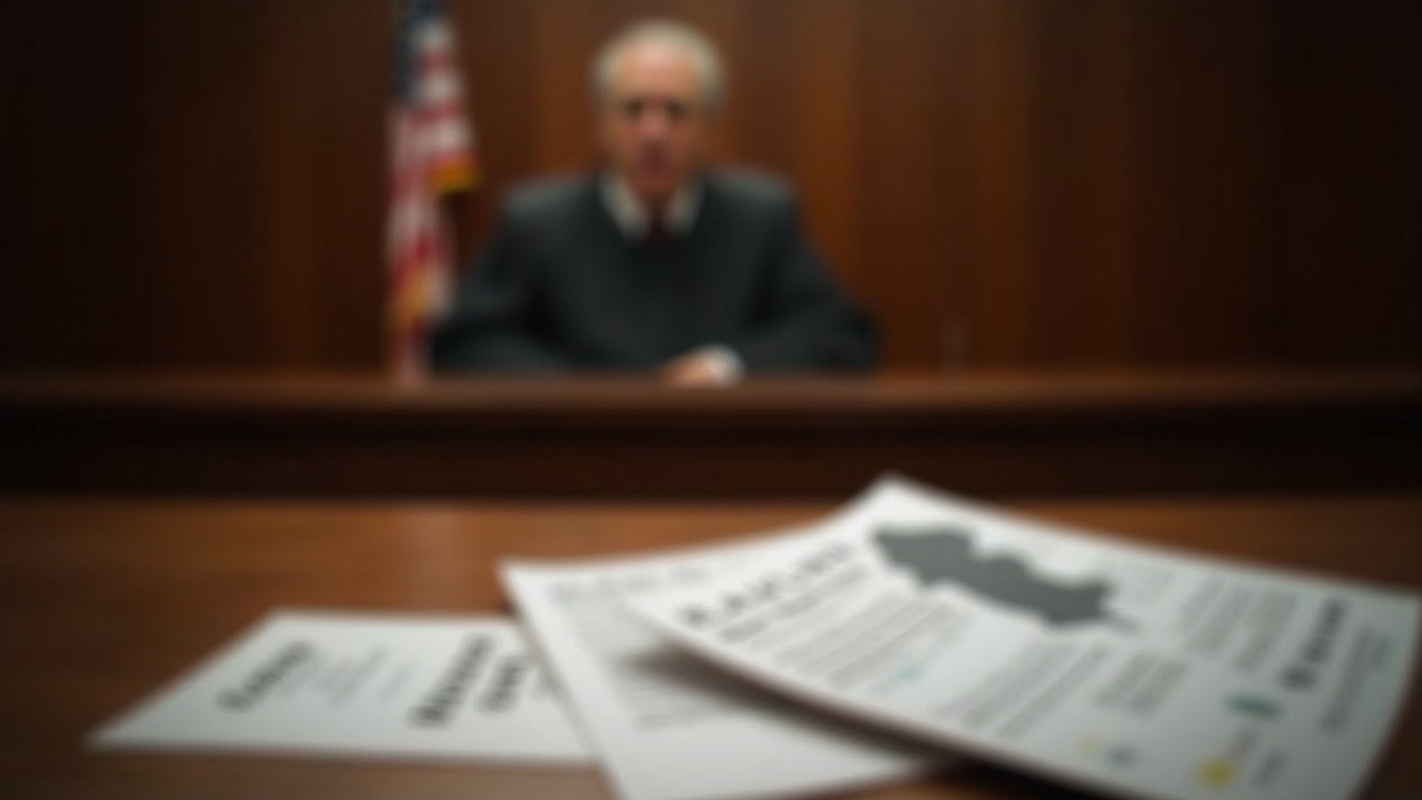 Editorial courtroom scene with a judge at the bench, Kalshi and CFTC documents on the desk, blurred New Jersey map in the background