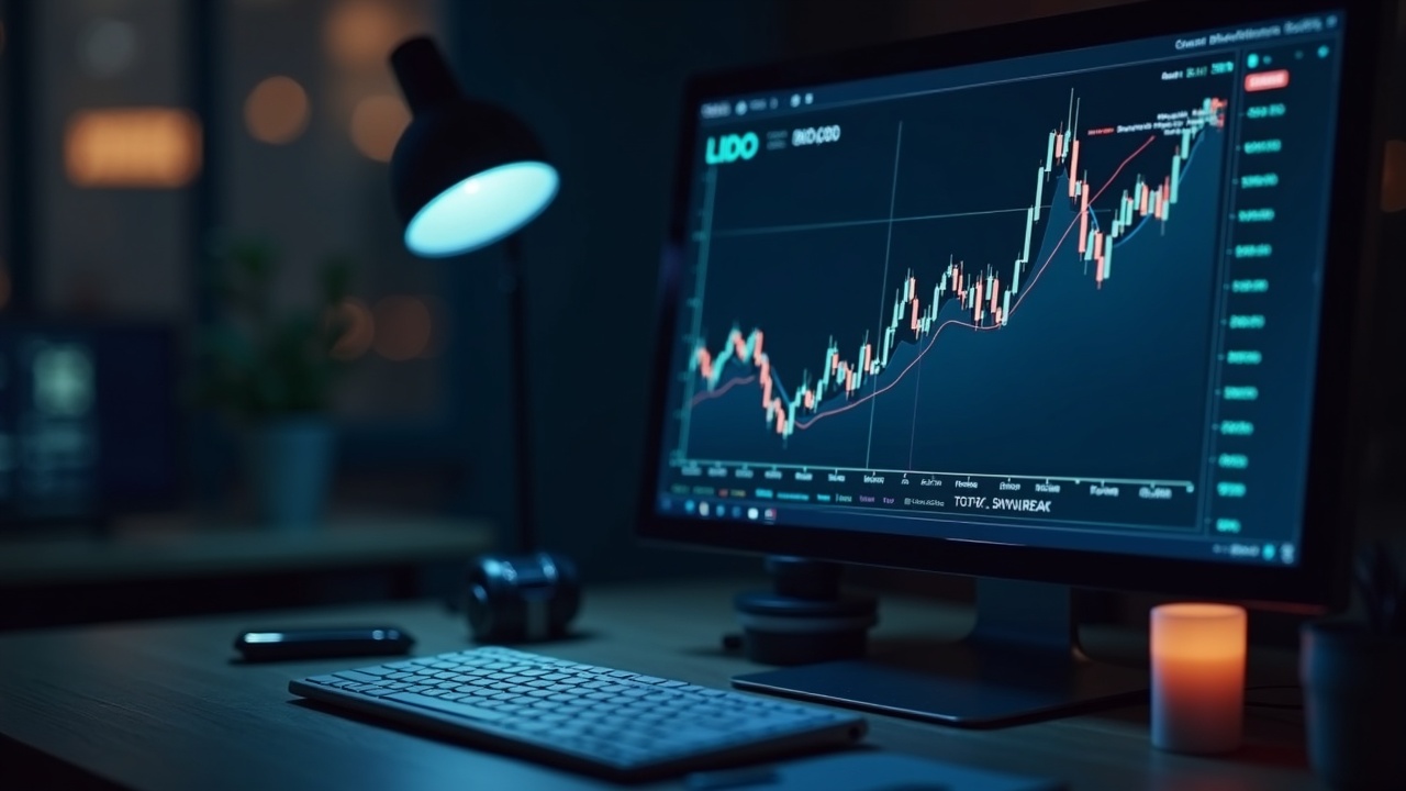 Editorial desk with a rising LDO price chart on screen and a blockchain ticker