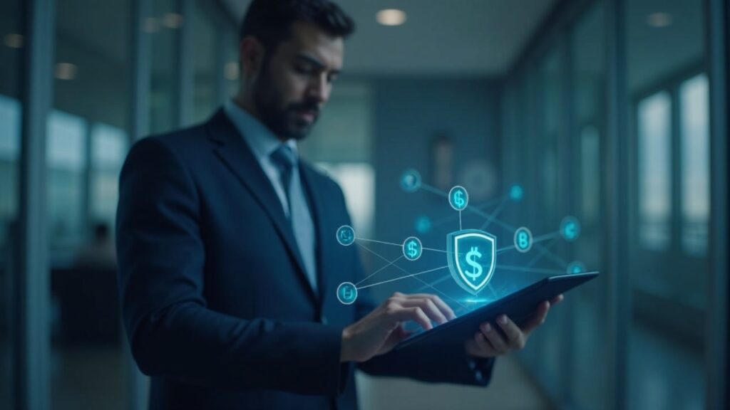 Executive in a newsroom-style office views a tablet displaying interconnected blockchain nodes and a shield icon.