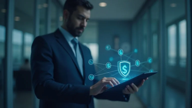 Executive in a newsroom-style office views a tablet displaying interconnected blockchain nodes and a shield icon.