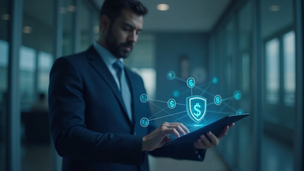 Executive in a newsroom-style office views a tablet displaying interconnected blockchain nodes and a shield icon.