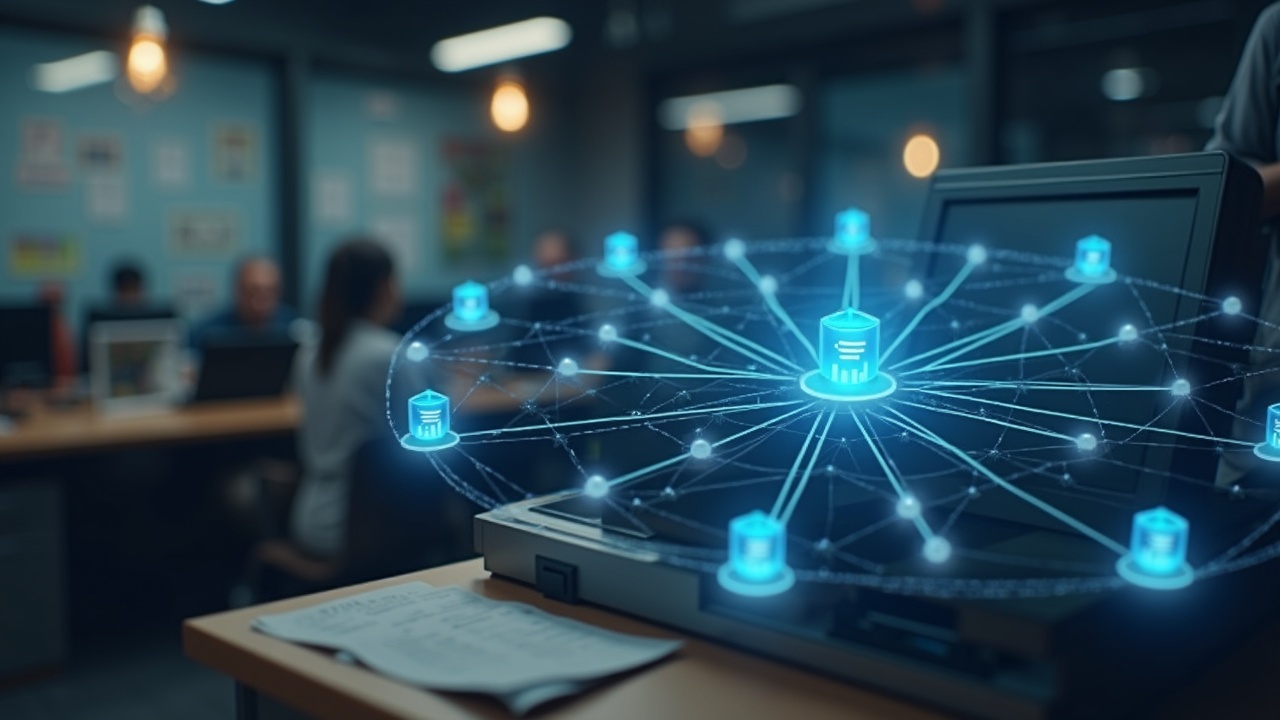 Checkout terminal with blockchain nodes and stablecoin icons signaling near real-time settlement on a permissioned MTN.