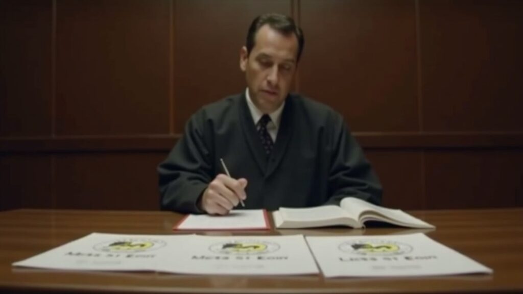 Formal courtroom scene with a solemn defendant at the defense table, Meta-1 Coin documents and logo.