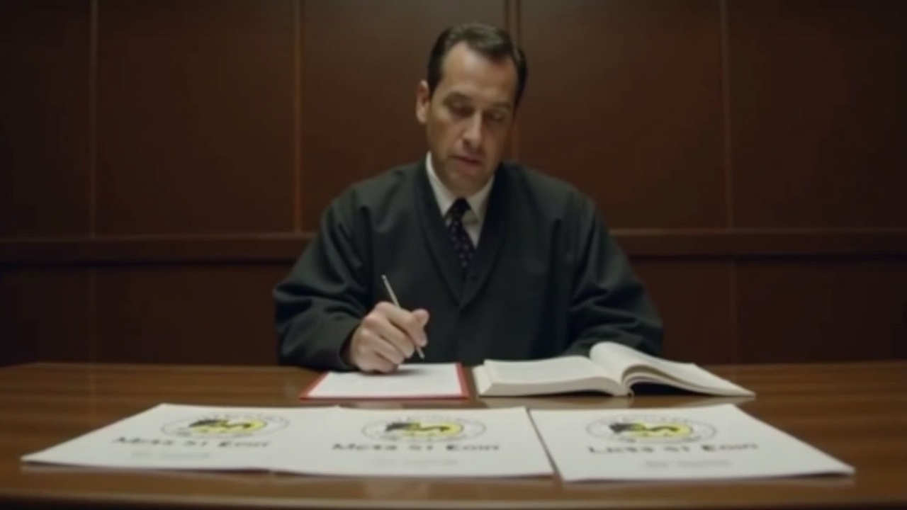 Formal courtroom scene with a solemn defendant at the defense table, Meta-1 Coin documents and logo.