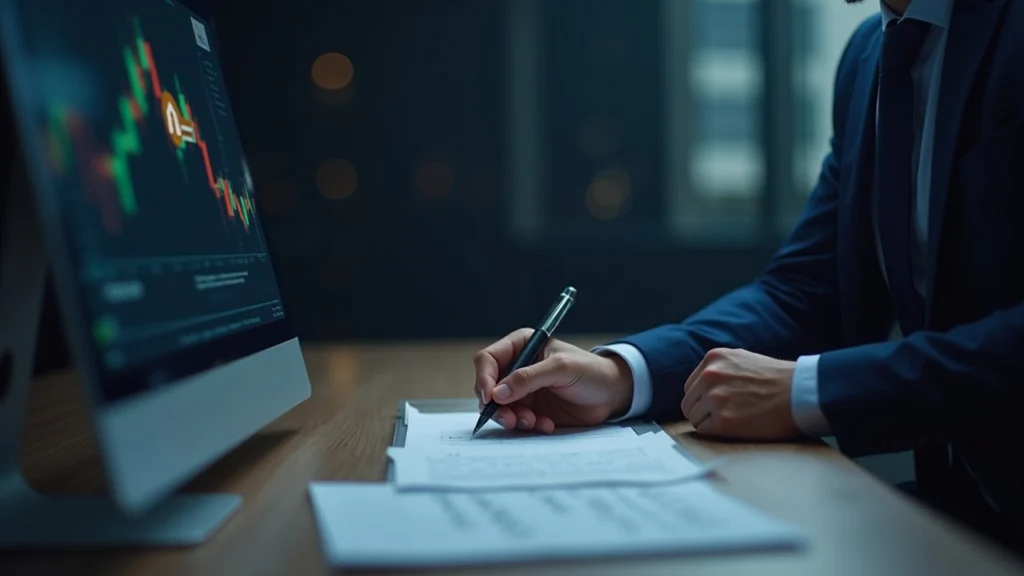Executive at a desk signs papers; Bitcoin symbol on a screen with a stock ticker in the background.