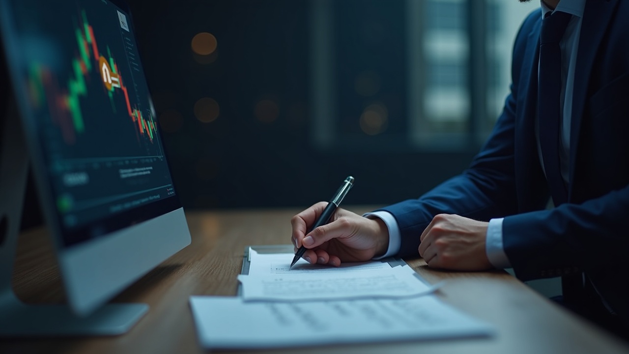 Executive at a desk signs papers; Bitcoin symbol on a screen with a stock ticker in the background.