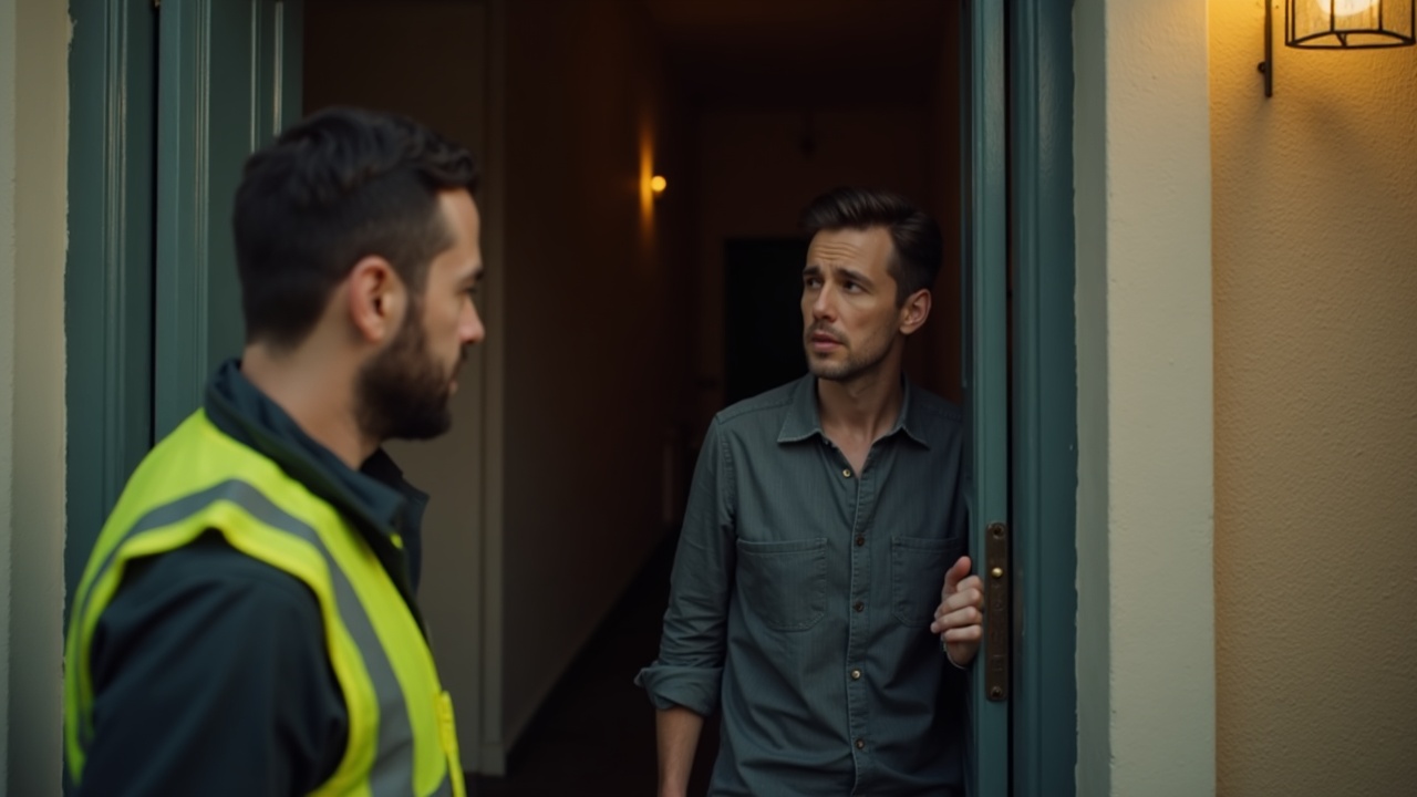 Montpellier doorway scene: a delivery courier at the door, crypto worker inside looking concerned in calm morning light.