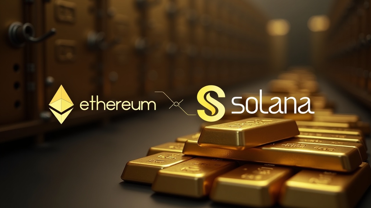 Editorial photo of a Singapore LBMA gold vault with gold bars; Ethereum and Solana logos linked by a digital token path.