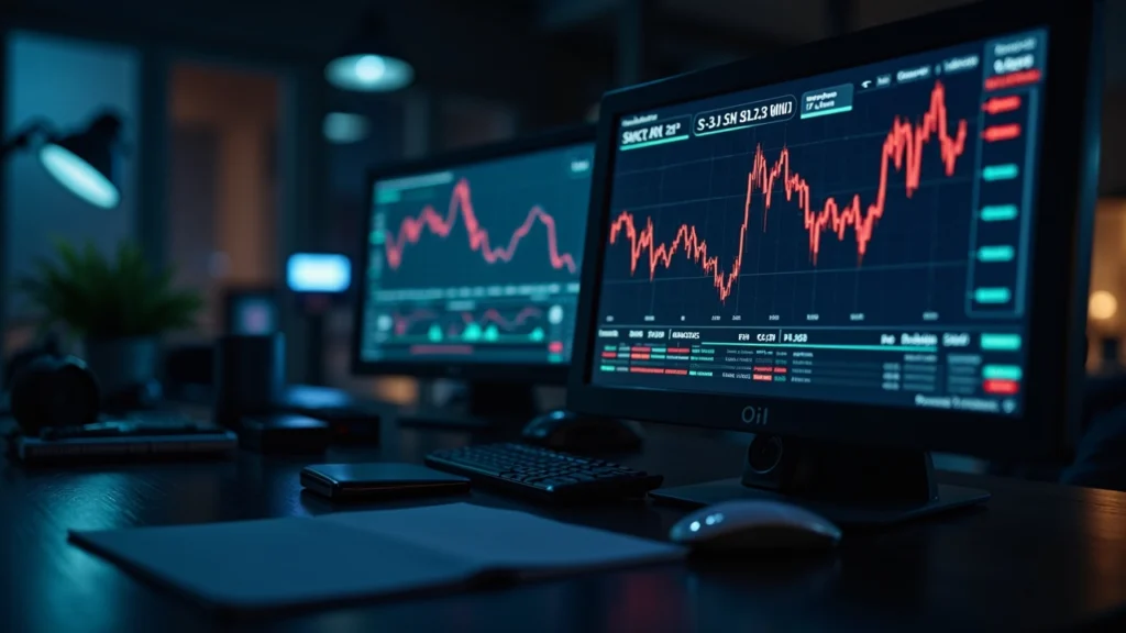 Newsroom desk with oil price charts and crypto tickers showing BTC, ETH, SOL declines amid geopolitical risk.