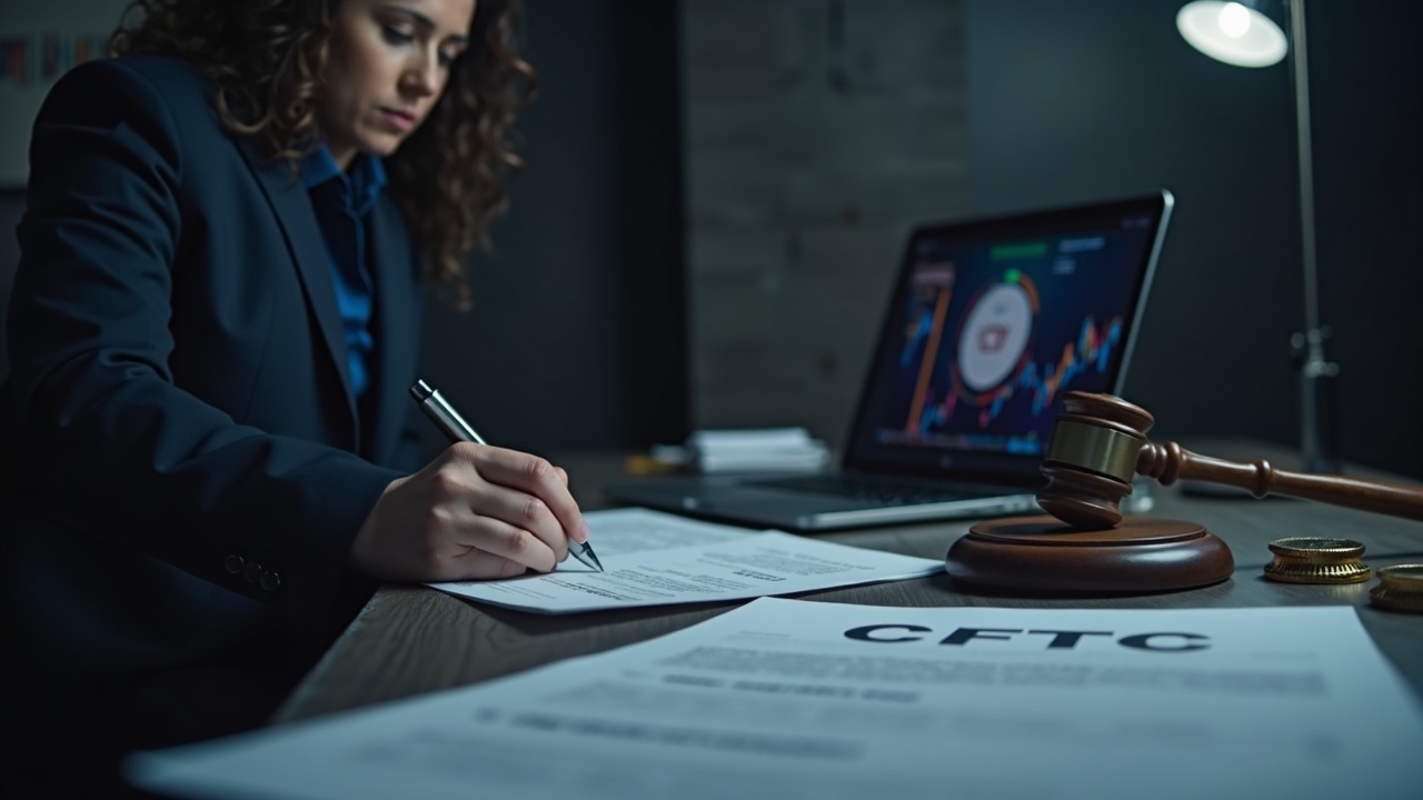 Professional at desk reviewing a blockchain interface with a CFTC document and USDC symbols.
