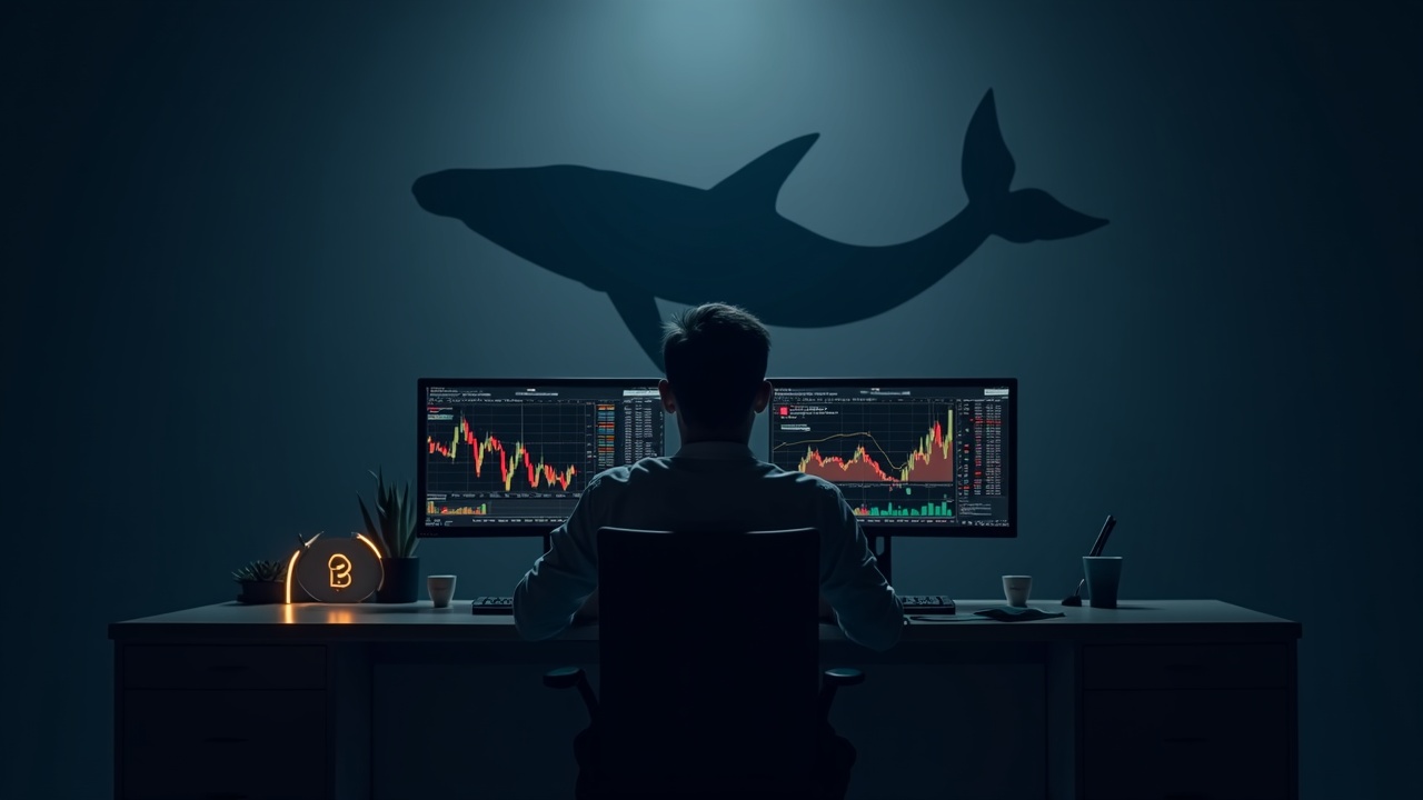 Professional trader at desk with BTC charts and an ETF inflow graph, subtle whale silhouette in background.