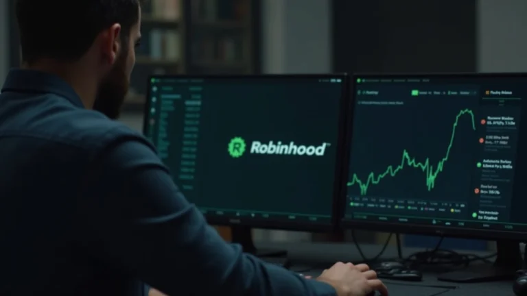 Editorial portrait of a trader at a desk with a laptop showing Robinhood logo and a falling crypto revenue graph.