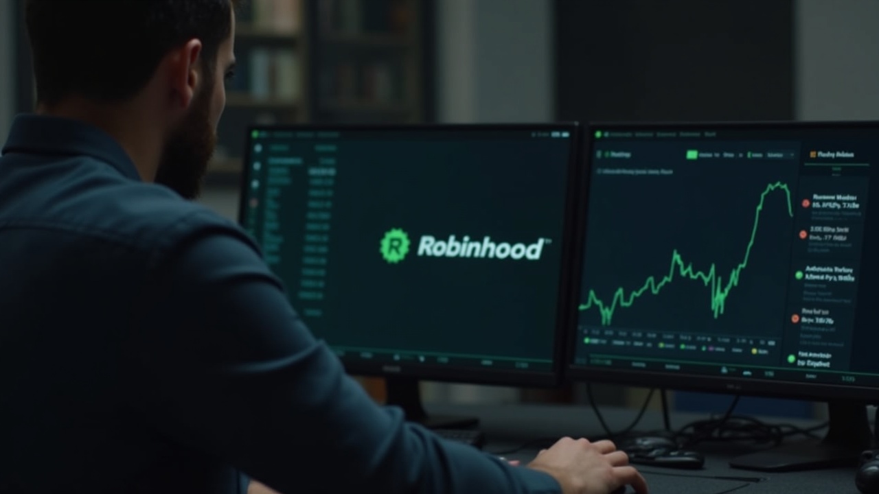 Editorial portrait of a trader at a desk with a laptop showing Robinhood logo and a falling crypto revenue graph.
