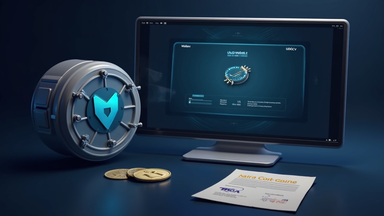 Editorial shot of a computer screen showing MetaMask UI with USDCV balance beside a secure vault and a MiCA-stamped document