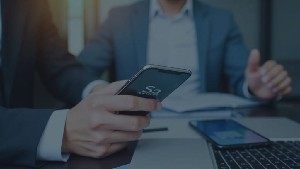 Newsroom scene with a smartphone showing the SoFi app and the XRP logo, signaling broad XRP access.