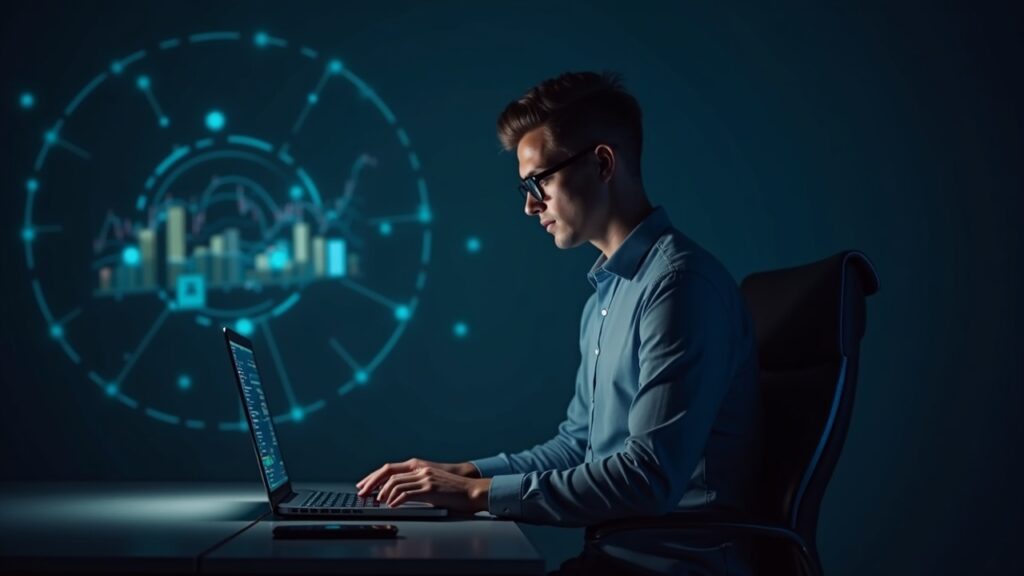 Editorial portrait of a financial analyst at a desk, laptop glow over blurred on-chain data, Solana symbol in background.