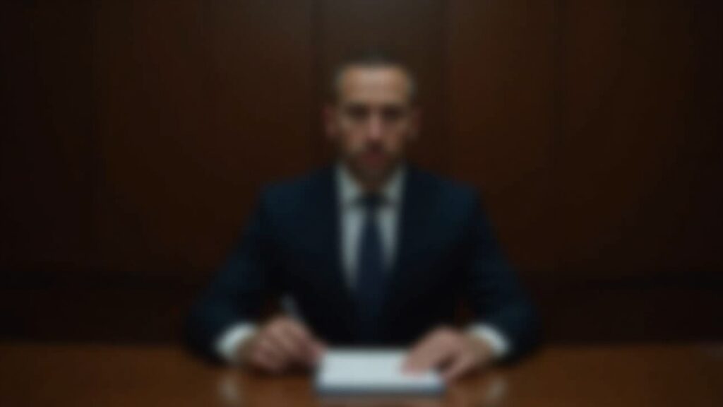 Solemn male executive at a courthouse podium with prosecutors' notes in the foreground