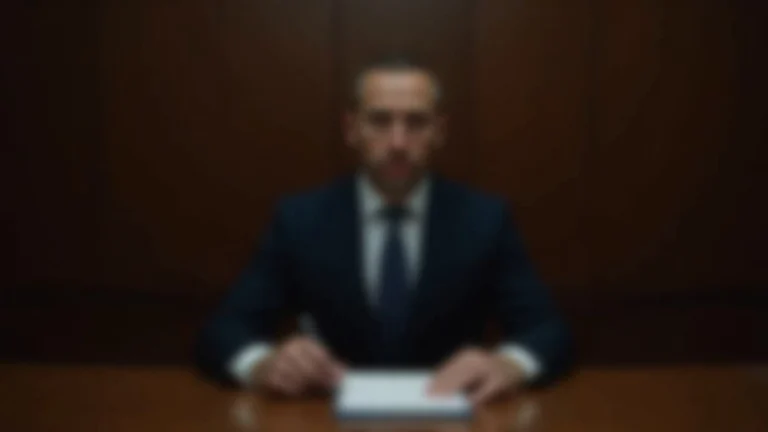 Solemn male executive at a courthouse podium with prosecutors' notes in the foreground