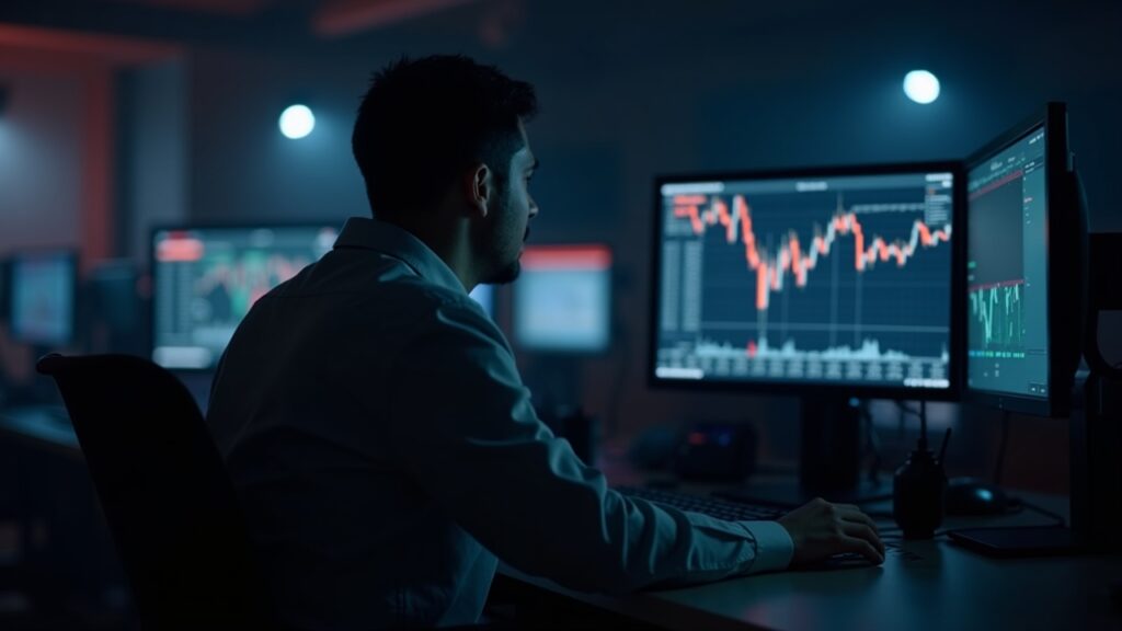 Serious trader at newsroom desk viewing SpaceX on Solana preSPAX trading in Bitget's pre-IPO zone