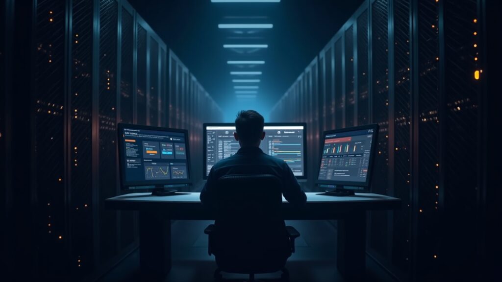 Center-shot of a Bitcoin mining facility with standardized racks and a technician at a central dashboard highlighting open-source management.