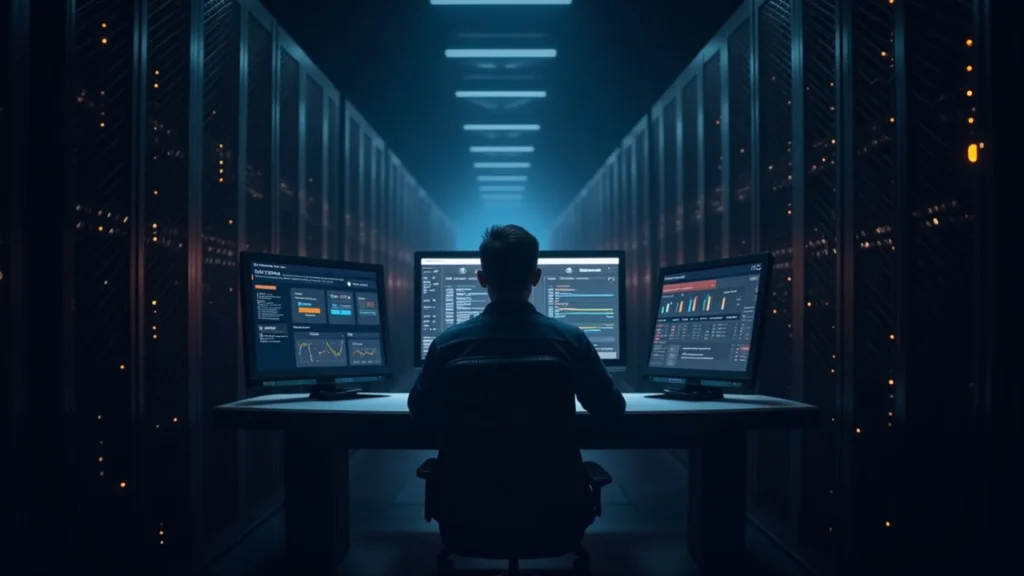 Center-shot of a Bitcoin mining facility with standardized racks and a technician at a central dashboard highlighting open-source management.