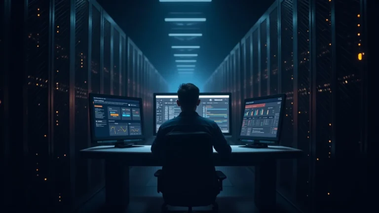 Center-shot of a Bitcoin mining facility with standardized racks and a technician at a central dashboard highlighting open-source management.